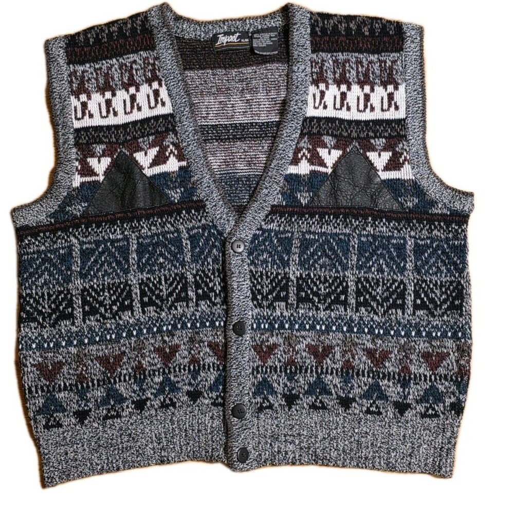Vintage 80s Impact Black Geometric Sweater Vest XL Leather Trim Retro